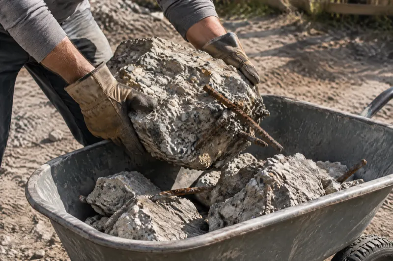 Gloved hands lifting a broken concrete chunk with rebar into a wheelbarrow