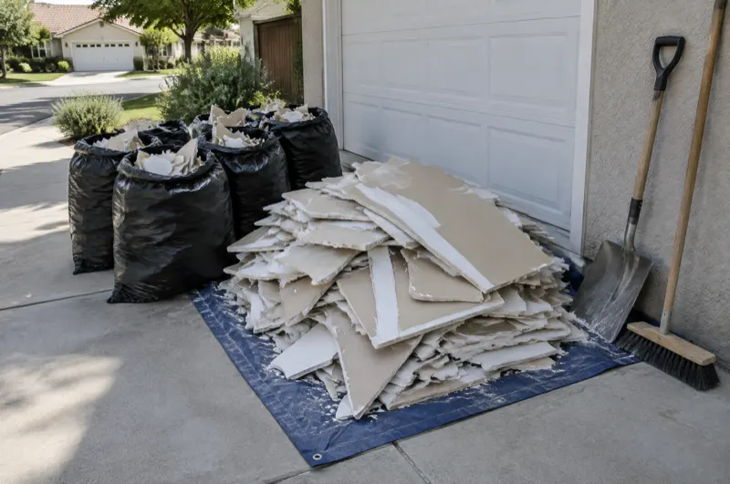 Pile of broken drywall pieces on a tarp next to filled contractor bags, a shovel and a broom by a garage