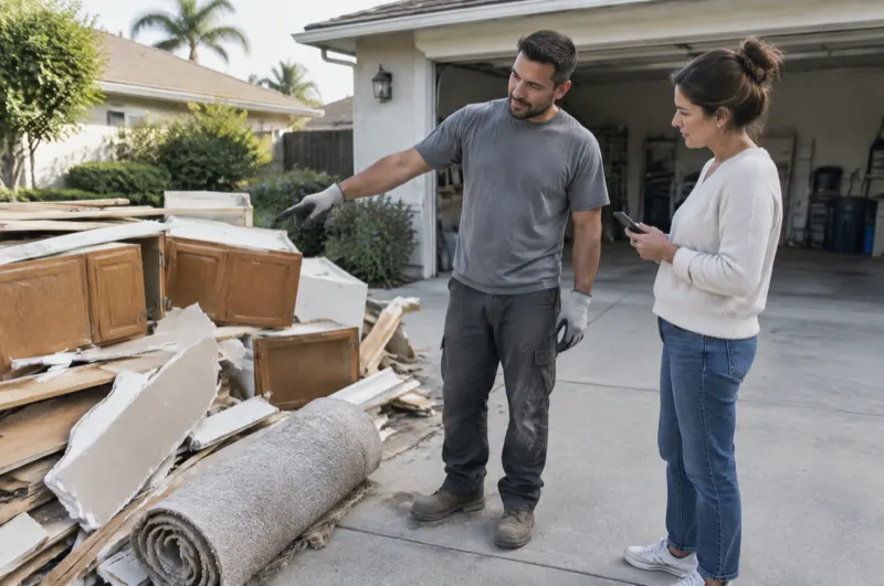 Crew member pointing at a pile of remodel debris while a homeowner listens on a driveway
