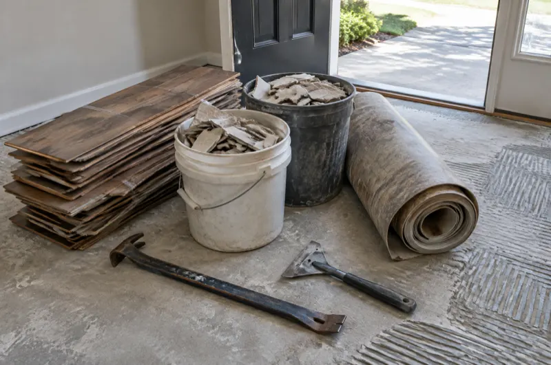 Removed laminate planks, buckets of broken tile and a roll of sheet vinyl stacked by a front door with a pry bar and scraper