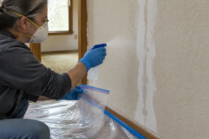 Person in gloves and a mask misting a textured wall seam beside a sample bag on a plastic drop sheet