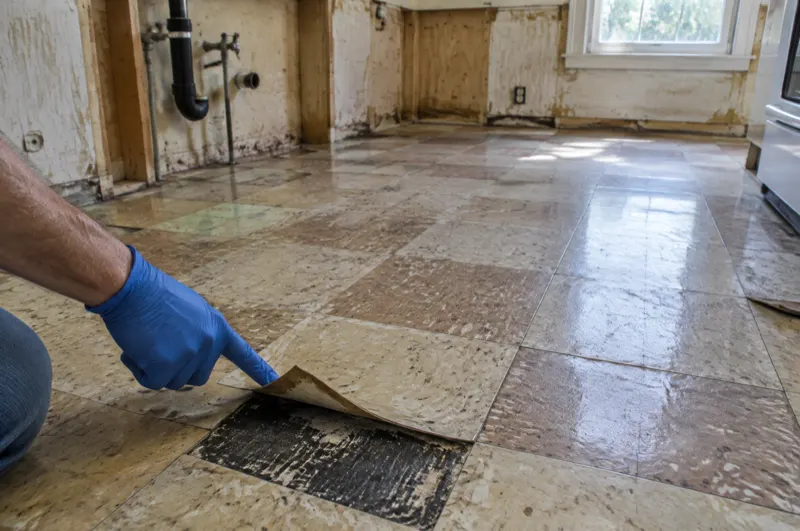 Gloved hand pointing at a lifted 9-inch vinyl floor tile showing black adhesive underneath
