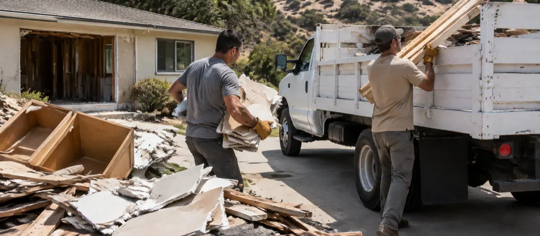 Two workers loading broken drywall and lumber from a driveway pile into a white stake-bed truck at a remodeled ranch house