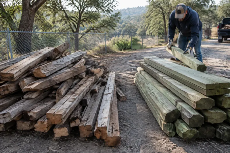 Sorted lumber on a gravel driveway: weathered framing boards on one side, green-tinted pressure-treated boards on the other
