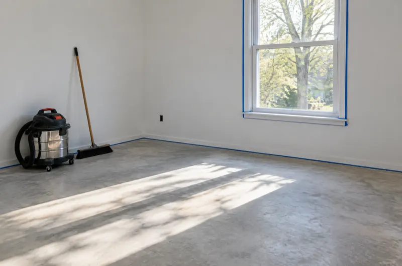 Bare, broom-clean room with freshly primed walls, a shop vacuum and a push broom in the corner