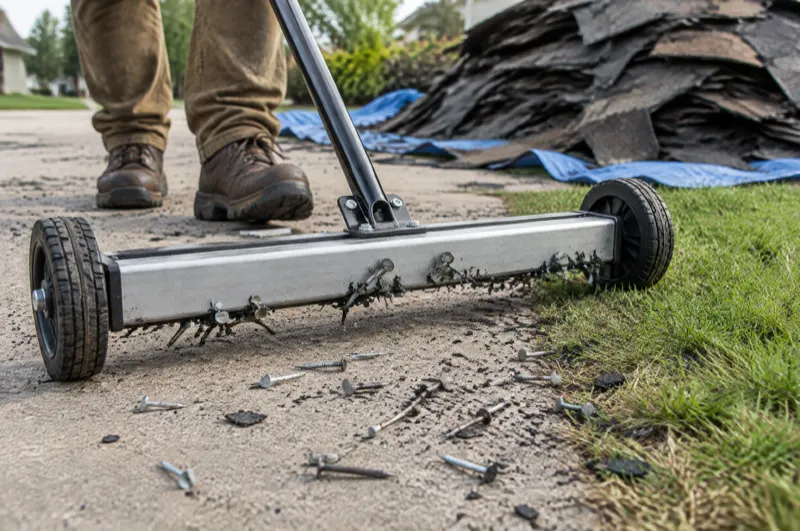 Rolling magnetic sweeper picking up roofing nails from a driveway beside a lawn, shingles on a tarp behind